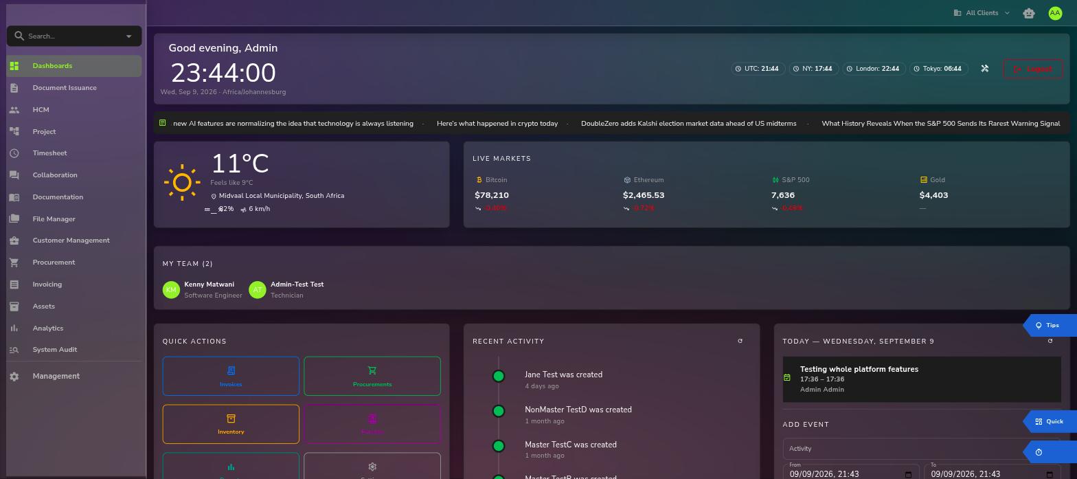 sysCore dashboard showing team, activity feed, live markets and quick actions